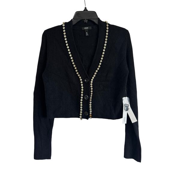 AQUA CASHMERE V NECK CARDIGAN WITH RHINESTONE TRIM - Picture 5 of 8
